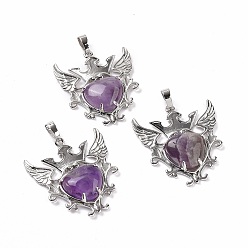 Amethyst Natural Amethyst Pendants, Eagle with Heart Charms, with Rack Plating Platinum Tone Brass Findings, 36.5x33.3x6~7mm, Hole: 8x5mm