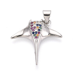 Платина Латунные микро проложить кубического циркония подвески, амулеты манта скат, платина, 20.5x21.5x4 мм, отверстие : 3.5x5~5.5 мм