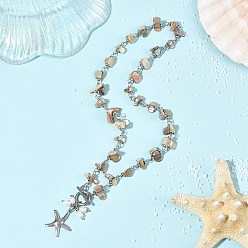 Stainless Steel Color Ocean 304 Stainless Steel Starfish Pendant Natural Freshwater Shell Beaded Chain Necklaces with OT Clasps for Women, Seashell Color, Stainless Steel Color, 17.32 inch(44cm)