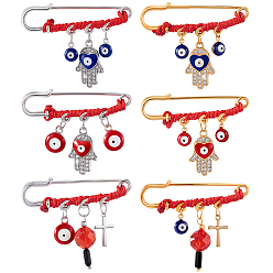 (52) Непрозрачная лаванда 6шт. нержавеющая сталь безопасности пис, сглаз и рука хамса, с подвесками из стекла, латуни и сплава и плетеным шнуром из полиэстера, разноцветные, 41~43 мм