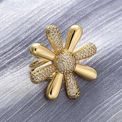 Настоящее золото 18K Латунные кольца-манжеты с микропаве и прозрачным цирконием для женщин, цветок, долговечный, без свинца и без кадмия, реальный 18 k позолоченный, 32 мм