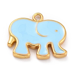 Light Blue Golden Brass Enamel Pendants, Long-Lasting Plated, Elephant, Light Blue, 16x17.5x2mm, Hole: 1.6mm
