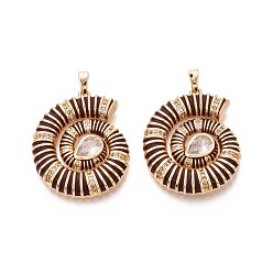 Кокосово-Коричневый Кулоны с эмалью из латуни с прозрачным кубическим цирконием, форма раковины, реальный 18 k позолоченный, кокосового коричневый, 30x24x4 мм, отверстие : 5x2 мм