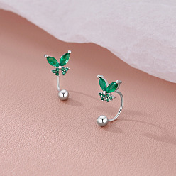 Зеленый Латунные серьги-гвоздики с кубическим цирконием, бабочка, платина, зелёные, 16.3x8.6 мм