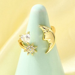 Луна Кольца-манжеты с микропаве из латуни и кубическими цирконами в морском стиле для женщин, без кадмия и без свинца, реальный 18 k позолоченный, луна, 15.5 мм, размер США 7 1/4 (17.5 мм)