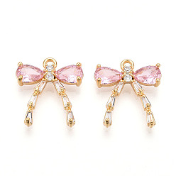Pink Латунные микро проложить кубического циркония подвески, бантом прелести, розовые, 15.5x14x3 мм, отверстие : 1.5 мм