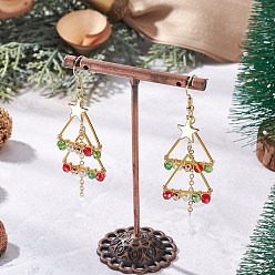 Золотой Серьги-подвески из латунных ракушек с жемчужными бусинами, с гальваническим стеклом и 304 нержавеющей сталью, Рождественские елки, золотые, 68x20.5 мм