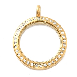 Настоящее золото 14K 304 Подвески из нержавеющей стали со стразами, ионное покрытие (IP), двойные стороны со стеклом, аксессуары для изготовления ювелирных кулонов своими руками, плоские круглые прелести, реальный 14 k позолоченный, 36x30x5 мм, отверстие : 5 мм, внутренний диаметр: 22 мм