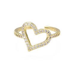 Clear Cubic Zirconia Heart Open Cuff Ring, Real 18K Gold Plated Brass Chunky Ring for Women, Nickel Free, Clear, US Size 7 3/4(17.9mm)