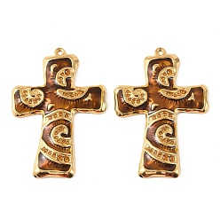 (932FM) Темно-синий аква-матовый с подкладкой 304 Крупные подвески из нержавеющей стали с эмалью и стразами, крест прелести, ионное покрытие (ip), реальный 18 k позолоченный, темно-золотистые, 68.5x46.5x4 мм, отверстие : 2.4 мм