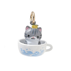 Gray Spray Painted & UV Printed Brass Pendants, Cup with Fox Charms, Golden, Gray, 18x18x15mm, Hole: 4mm