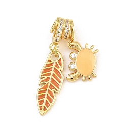 Dark Orange Brass Micro Pave Clear Cubic Zirconia Pendants, with Enamel, Feather with Crab Charms, Rack Plating, Long-Lasting Plated, Lead Free & Cadmium Free, Real 18K Gold Plated, Dark Orange, 36mm, Hole: 3mm
