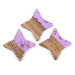 Lilac Transparent Resin & Walnut Wood Pendants, with Gold Foil, Star, Lilac, 29.5x29.5x3mm, Hole: 2mm