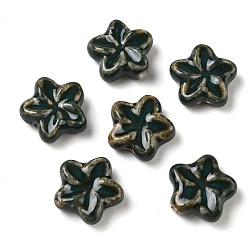 Dark Green Vintage Handmade Porcelain Beads, Fancy Antique Glazed Porcelain, Flower, Dark Green, 27.5x29.5x11mm, Hole: 3.5mm
