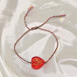 Red Boho Handmade Lampwork Heart Adjustable Braided Cotton Cord Bracelets for Women, Red, 11.02 inch(28cm)