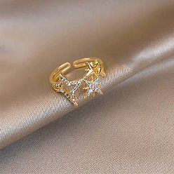 Золотой Латунные кольца-манжеты с микропаве из прозрачных кубических цирконий, звезда, золотые, внутренний диаметр: регулируемый