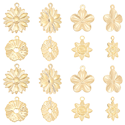 Golden 16Pcs 4 Style Textured 304 Stainless Steel Pendants, Mixed Shape, Golden, 20~25.5x15.5~22x1~3.3mm, Hole: 1.8~2mm, 4pcs/style