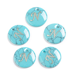 Letter N Synthetic Turquoise Charms, with Plastic Letter, Flat Round, Letter.N, 15x2mm, Hole: 1.5mm