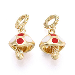 Настоящее золото 18K Латунные эмалированные европейские подвески с подвесками, грибные прелести, реальный 18 k позолоченный, без кадмия, без никеля и без свинца, 24.5 мм, отверстие : 4.8 мм