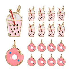Pink 8 piezas 2 colgantes de esmalte de latón de estilo, larga duración plateado, real 18 k chapado en oro, con anillo de salto, té de burbujas y rosquilla, rosa, 15~20x12~13x2.2~2.7 mm, agujero: 2.6~3.2 mm, 4 piezas / estilo