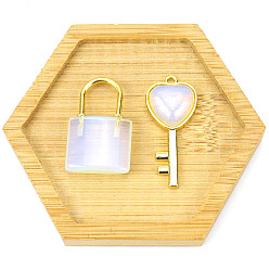 Опал Подвески для пар с опалитом, Подвески на замок и ключ с позолоченными деталями из сплава, заблокировать: 30x20 мм, Ключ: 47x15 мм