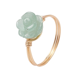 Зеленый Авантюрин Кольца для пальцев с натуральным зеленым авантюрином в форме розы ко дню святого валентина, Кольца из медной проволоки золотистого тона для женщин, размер США 8 1/2 (18.5 мм), Роза: 10x10 мм