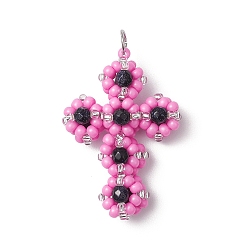 Бледно-Розовый Подвески-кресты из стеклянного бисера, с 304 петлей из нержавеющей стали и синтетическими синими бусинами из авантюрина, цвет нержавеющей стали, розовый жемчуг, 38x27x11 мм, отверстие : 4.5 мм