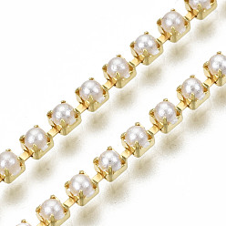 Raw(Unplated) Brass Cup Chains, with ABS Plastic Imitation Pearl , Beige, Raw(Unplated), 2mm