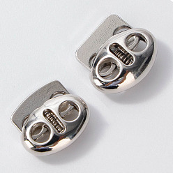 Silver Alloy Cord Locks, 2 Hole Drawstring Toggle Spring Clasp, Oval, Silver, 13x15x5mm, Hole: 4mm