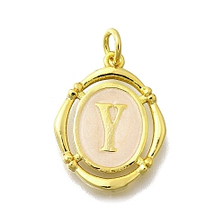 Letter Y Латунные подвески, с эмалью, овальный с буквой, реальный 18 k позолоченный, с целью перехода в кольце, Письмо Y, 20x15~15.5x2 мм, отверстие : 3.5 мм