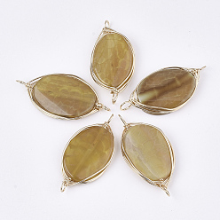 Бледно-Золотистый Соединители с проволочной обмоткой из натурального агата, с железной проволокой, окрашенные, овальные, золотые, бледно золотарник, 45~60x20~30x5~8 мм, отверстие : 4 мм