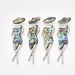 Colorful Abalone Shell/Paua Shell Brooches/Pendants, with Alloy Findings and Resin Bottom, Woman, Platinum, Colorful, 81x25x10.5mm, Hole: 6.5x5mm, Pin: 0.6mm