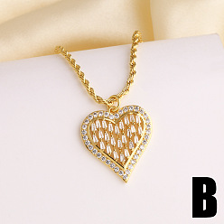 Clear Valentine's Day Brass Pave Cubic Zirconia Pendant Necklaces, Heart, Golden, Clear, 15.75 inch(40cm), pendant: 26x24mm