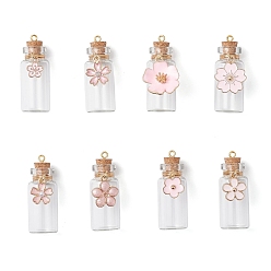 Pink 8 шт. подвески в виде стеклянных бутылок-цветков с желаниями, с эмалевым сплавом, пластиковой жемчужной фурнитурой и железной петлей, розовые, 42.5x16 мм, отверстие : 1.8 мм