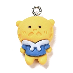 Медведь Непрозрачные подвески смолы, мультяшные подвески с железными петлями платинового цвета, медведь, 24x15x7 мм, отверстие : 2 мм