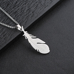 Stainless Steel Color 304 Stainless Steel Feather Pendant Box Chain Necklaces for Men, Stainless Steel Color, 23.62 inch(60cm)