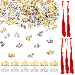 Mixed Color 5 Strands Polyester Tassel Decorations and 100Pcs 2 Colors Tibetan Style Alloy Charms, Pendant Decorations, Graduation Theme, Mixed Color, 130x6mm