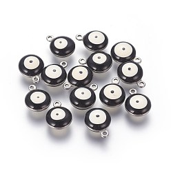 Черный 304 из нержавеющей стали шармы эмали, плоские круглые с сглаза, цвет нержавеющей стали, чёрные, 13x10x5 мм, отверстие : 1.4 мм