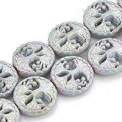 Green Plated Electroplate Non-magnetic Synthetic Hematite Beads Strands, Matte Style, Flat Round with Tree of Life, Green Plated, 12~12.5x4~4.5mm, Hole: 1mm, about 32pcs/strand, 15.74 inch