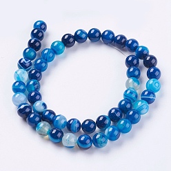 Royal Blue Round Dyed Natural Striped Agate/Banded Agate Beads Strands, Royal Blue, 8mm, Hole: 1mm, about 48pcs/strand, 15.2 inch
