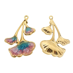 Средний Фиолетовый Шкентели нержавеющей стали, с эмалью, золотые, очарование листьев гинкго, средне фиолетовый, 32x22 мм, отверстие : 1.5 мм