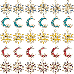 Mixed Color 30Pcs 5 Style Alloy Enamel Pendants, with Crystal Rhinestone, Light Gold, Sun & Moon with Star, Mixed Color, 20~24x16~18.5x2.5~3mm, Hole: 1.8~2mm, 6pcs/style