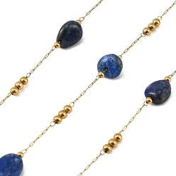 Ляпис-Лазурь Ручная работа 316 цепочки из звеньев из нержавеющей стали в форме самородков, с 304 бусинами из нержавеющей стали и натурального лазурита, ионное покрытие (ip), реальный 18 k позолоченный, пайки, с катушкой, 8.5~12.5x6~8.5x5~6 мм