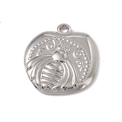Stainless Steel Color Non-Tarnish 304 Stainless Steel Pendants, Flat Round with Bees Charm, Stainless Steel Color, 19x17.5x2.5mm, Hole: 1.8mm
