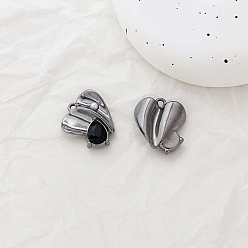Black Glass Pendants, with Alloy Finding and Plastic Beads, Heart Charms, Black, 19x17mm