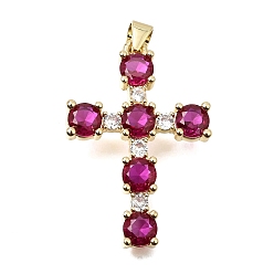 Deep Pink Brass Pave Cubic Zirconia Pendants, Cross with Round Charms, Long-Lasting Plated, Cadmium Free & Lead Free, Real 18K Gold Plated, Deep Pink, 31.5x21x4mm, Hole: 4x3.5mm
