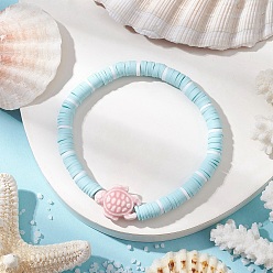 Tortoise Плоские круглые браслеты ручной работы из полимерной глины heishi с бусинами, составные браслеты для женщин, с синтетической бирюзовой крошкой и фарфором, черепаха, внутренний диаметр: 2-1/8 дюйм (5.4 см), Черепаха: 15x19x8 мм