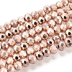 Персиковый Слойка Стеклянные бусины с гальваническим покрытием , граненые, рондель, розовые, 3x2.5 мм, отверстие : 0.8 мм, около 136~144 шт / нитка, 35~36 см