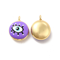 Medium Purple Brass Enamel Charms, Real 18K Gold Plated, Long-Lasting Plated, Flat Round with Evil Eye, Medium Purple, 19x15.5x8mm, Hole: 2mm