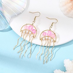 Pink Ocean 304 Stainless Steel Wire Wrapped Synthetic Moonstone Jellyfish Dangle Earrings, with Imitated Pearl Acrylic Beads, Golden, Pink, 77x26mm
